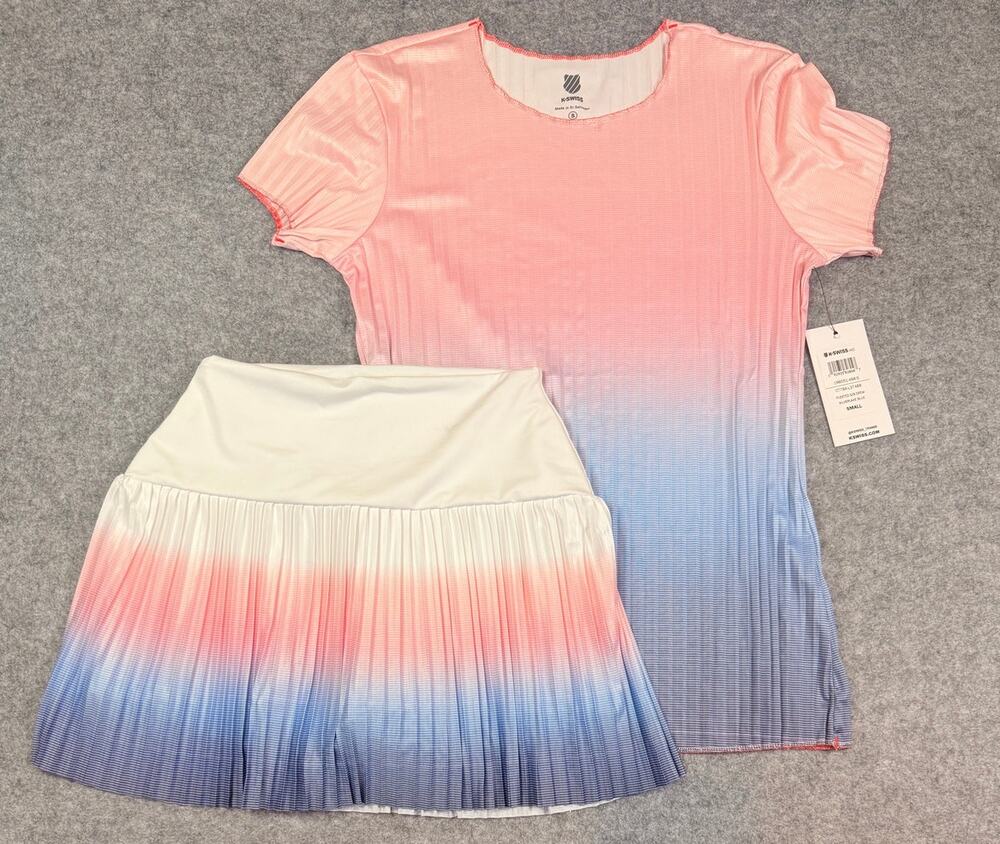 K-Swiss NWT 2pc Tennis Outfit Set Small Pleated Top Skort Pink Blue Ombre